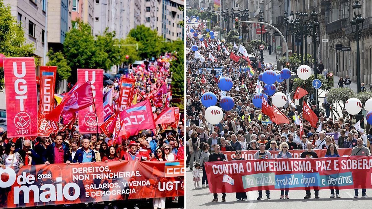 Primero de Mayo en Vigo: CC OO y UGT marchan juntas desde Coia bajo el lema «Dereitos, non fronteiras. Salarios, vivenda e democracia»