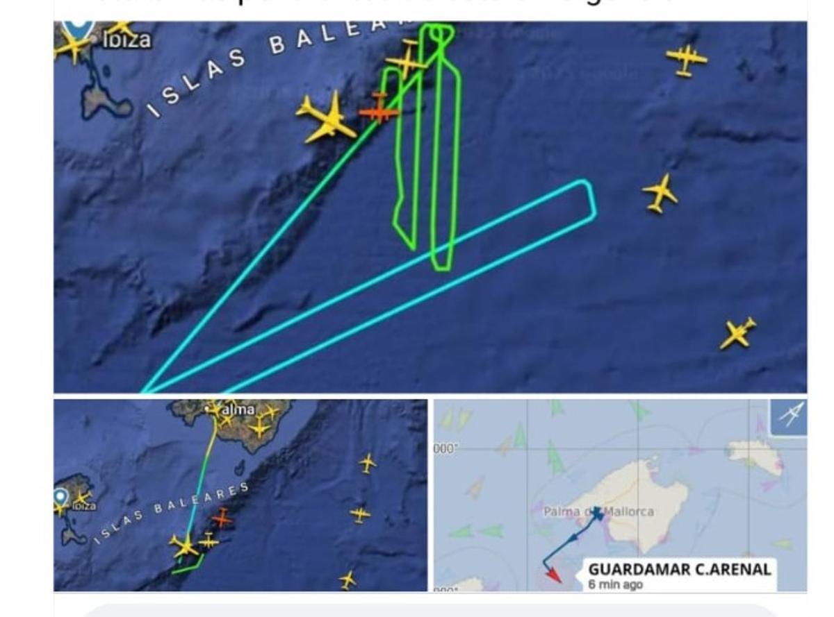 Detalle de la derrota del avión de salvamento durante la búsqueda de la patera, el jueves día 13.