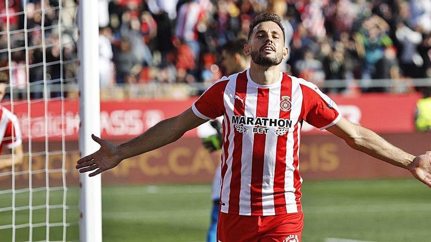 Cristhian Stuani celebra un gol marcat al Lugo aquesta temporada a l&#039;estadi de Montilivi.