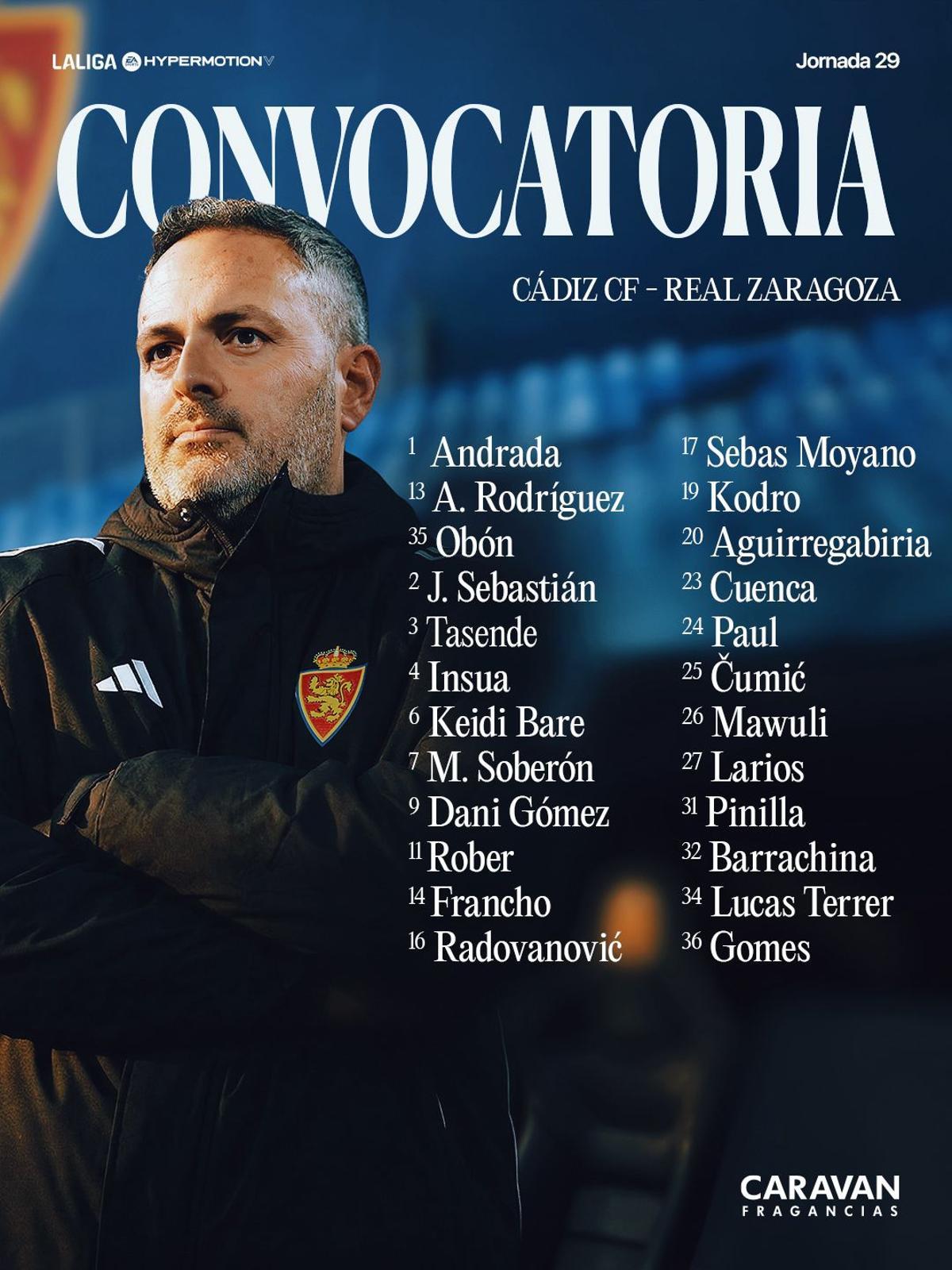 Convocatoria del Real Zaragoza frente al Cádiz