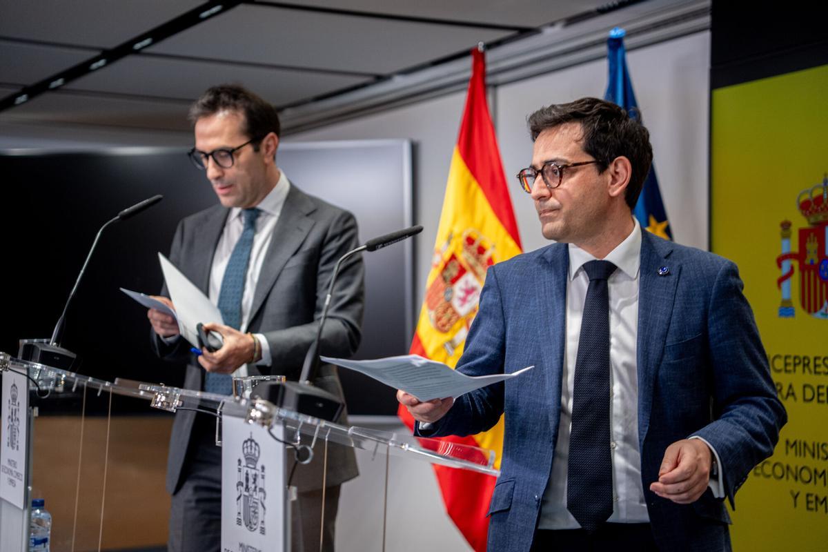 El vicepresidente primero del Gobierno y ministro de Economía, Comercio y Empresa, Carlos Cuerpo, recibe al vicepresidente ejecutivo de la Comisión Europea para Prosperidad y Estrategia Industrial, Stéphane Séjourné