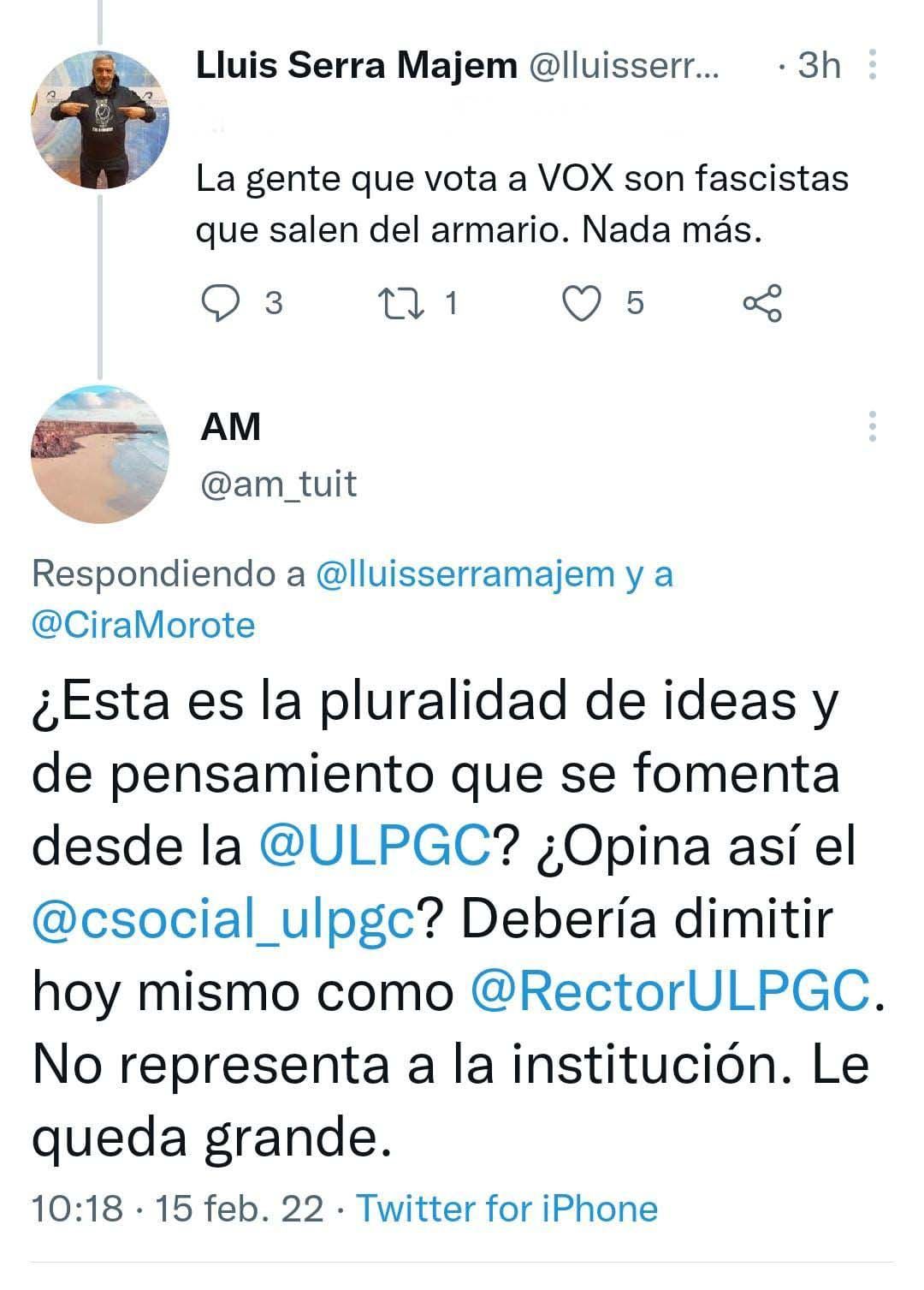 Tuit del rector y respuesta del diputado de VOX.