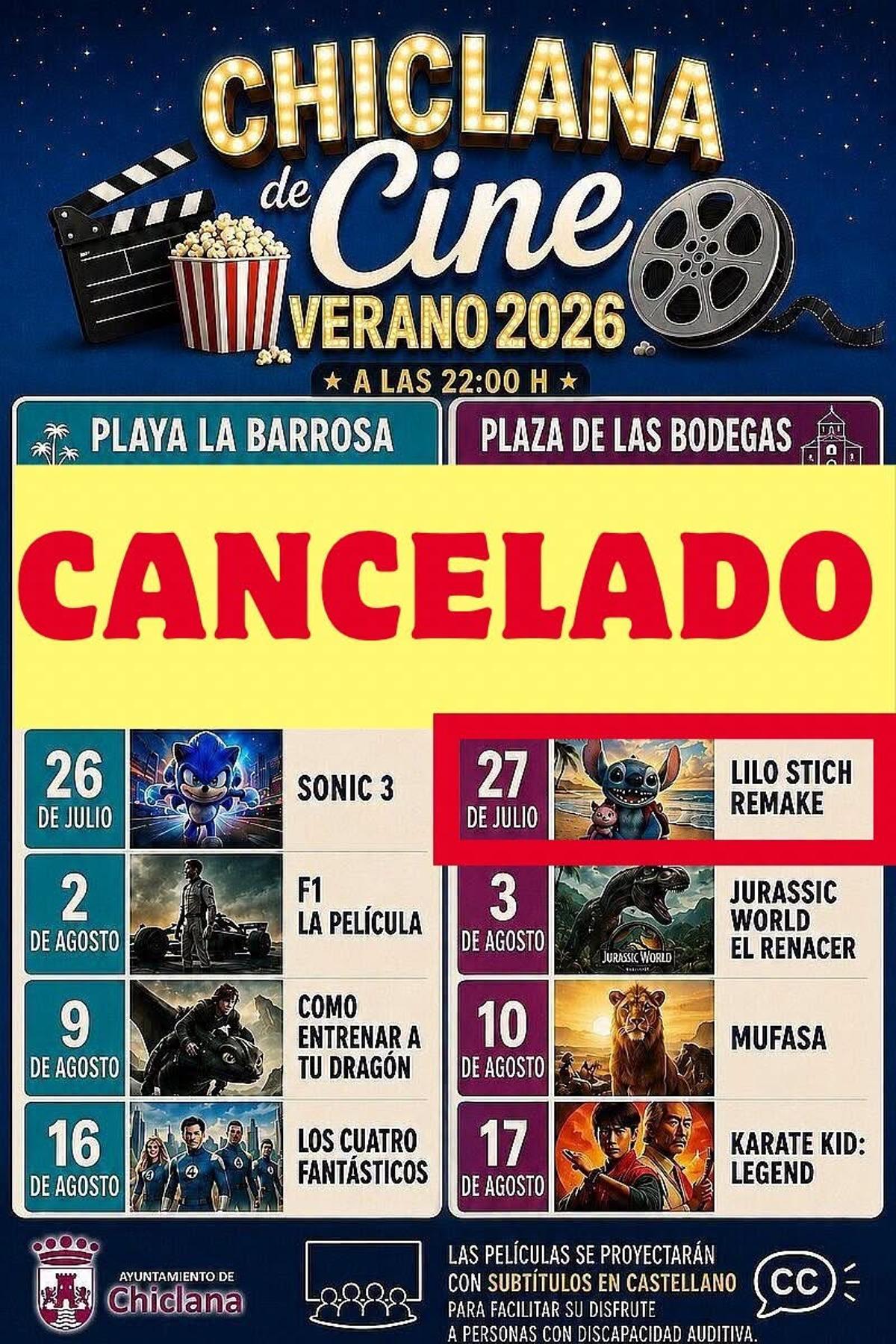 Anuncio de la suspensión de esta sesión de cine de verano.