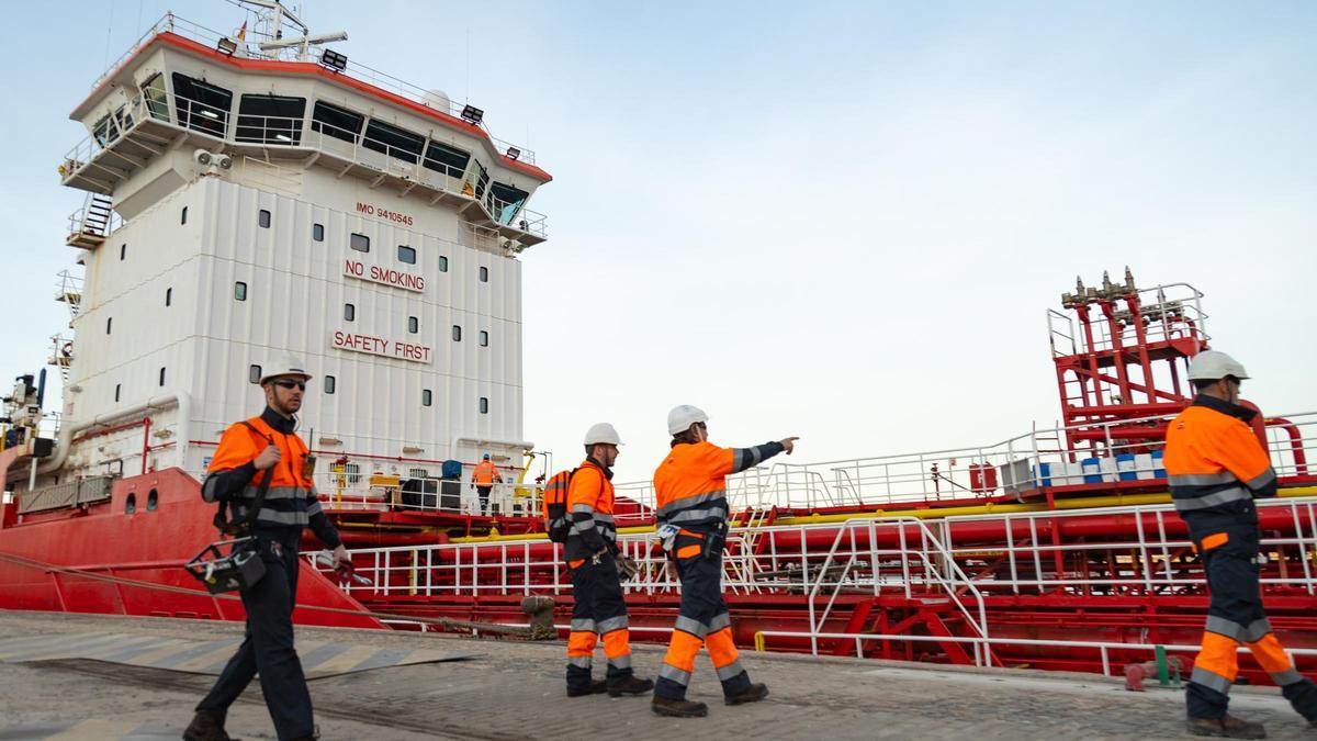 Operarios controlan la descarga del buque en el puerto de Cartagena
