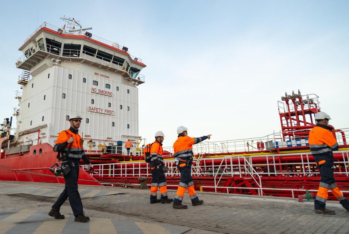 Operarios controlan la descarga del buque en el puerto de Cartagena