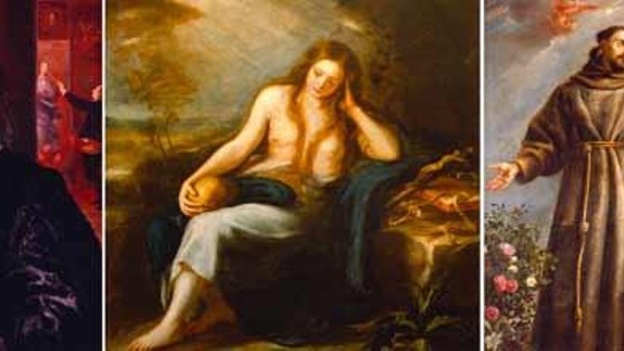 De izquierda a derecha, retrato de Carreño de Miranda (¿tal vez autorretrato?), «Magdalena penitente» y «San Francisco», obras todas ellas que alberga el Museo de Bellas Artes de Asturias.