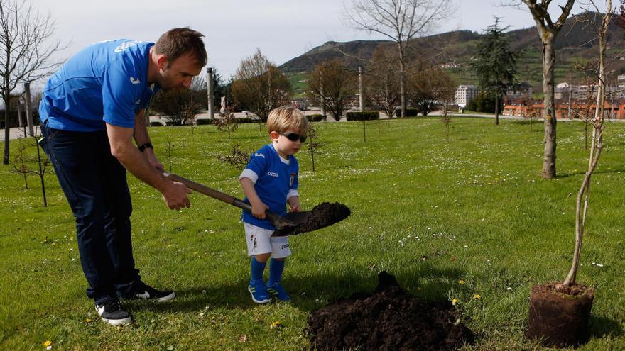Un pequeño oviedista plantando un roble junto al Carlos Tartiere