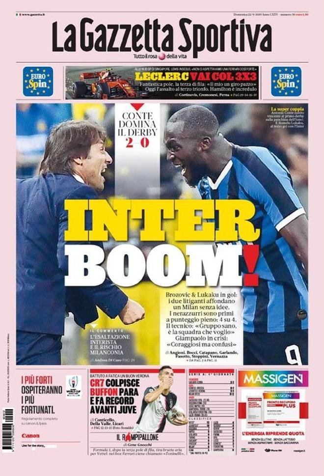 Portada de La Gazzetta dello Sport del 22 de septiembre de 2019