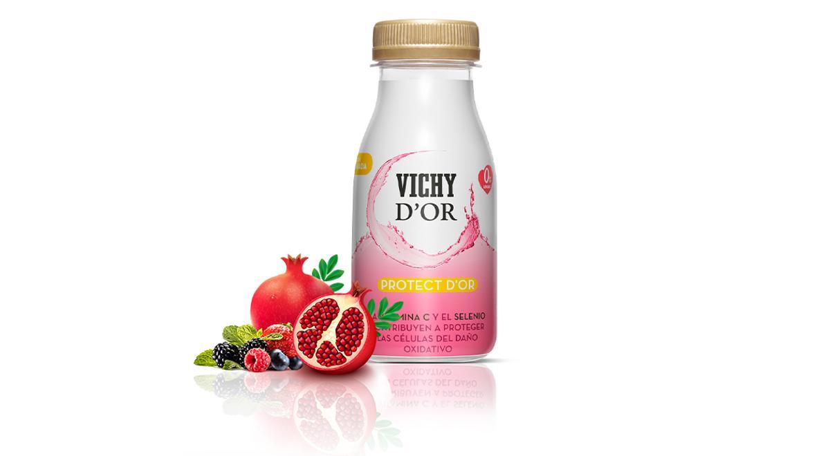 Protect d’Or es una una bebida funcional, elaborada a partir de agua de calidad Vichy Catalan y una combinación de zumo de granada, extractos de frutas y vegetales.