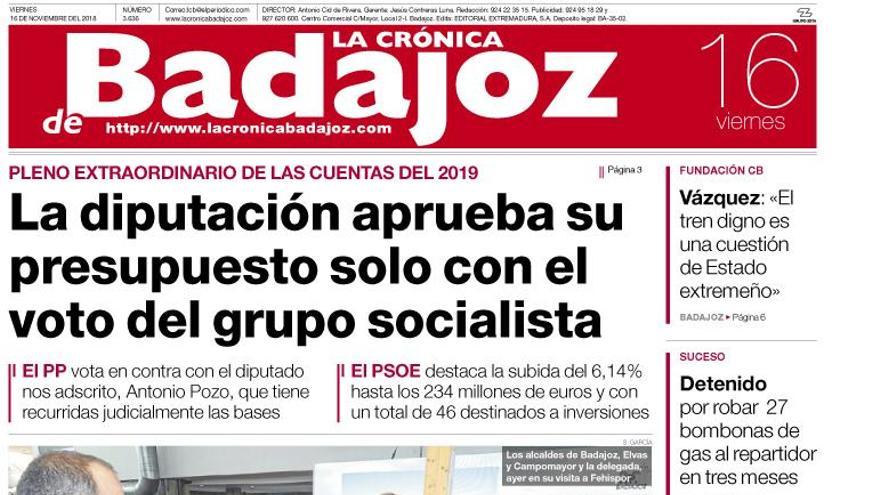 Esta es la portada de LA CRÓNICA DE BADAJOZ correspondiente al día 16 de noviembre del 2018