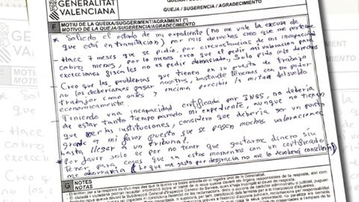 El afectado presentó dos quejas, en septiembre y en octubre a la Conselleria por el retraso en la valoración de su grado de discapacidad.