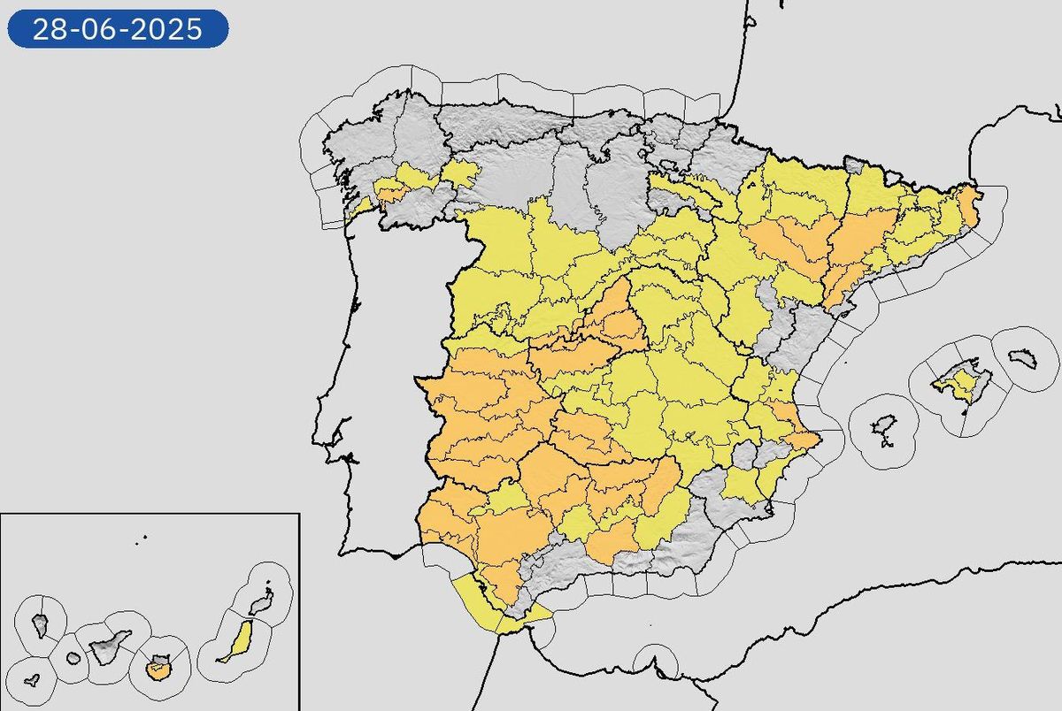 Mapa de avisos meteorológicos de la Aemet para este sábado 28 de junio.