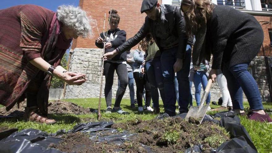 Esperanza Fernández, izquierda, y alumnos y docentes de Formación del Profesorado, plantando el árbol.