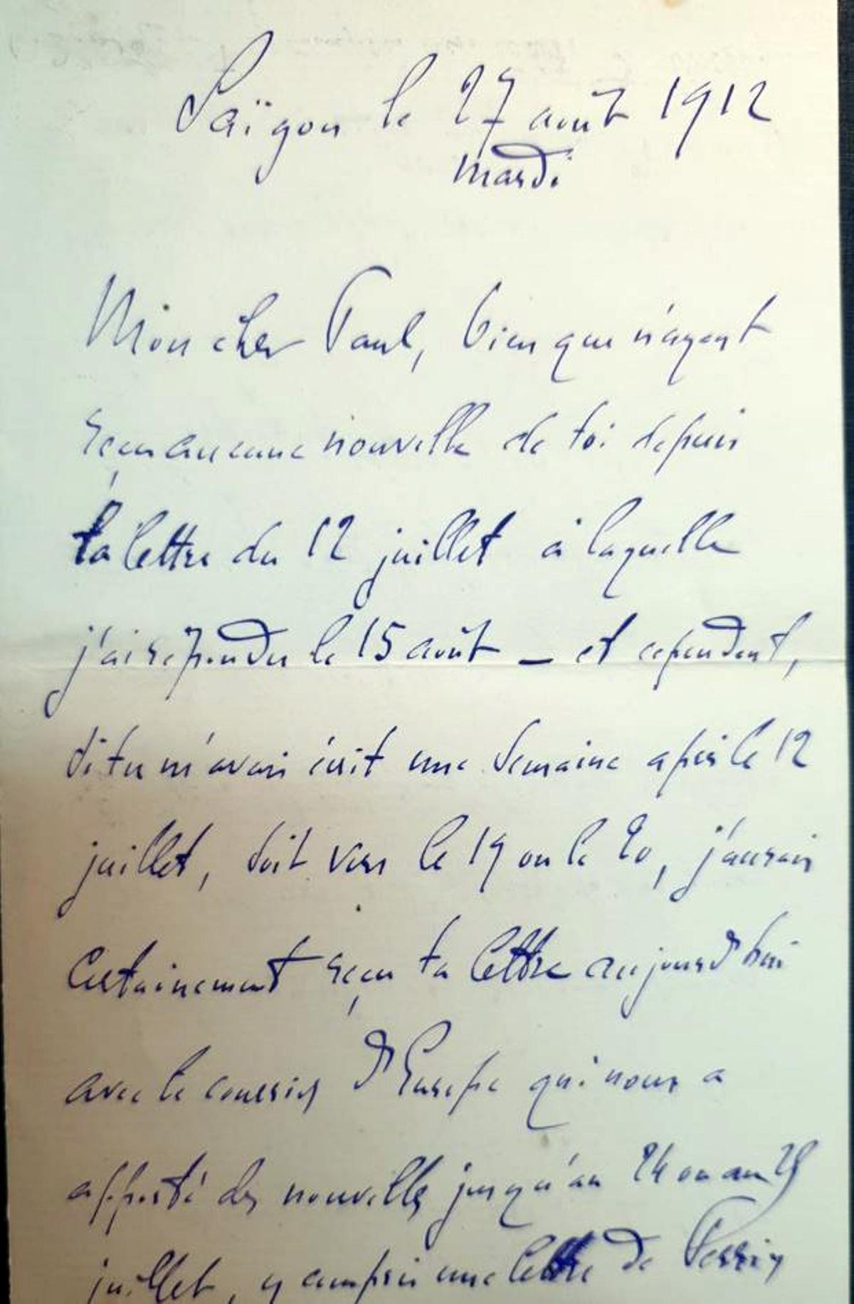 Inicio de una de las cartas, escrita por Albert desde Saigón, capital de la Cochinchina francesa, en 1912.