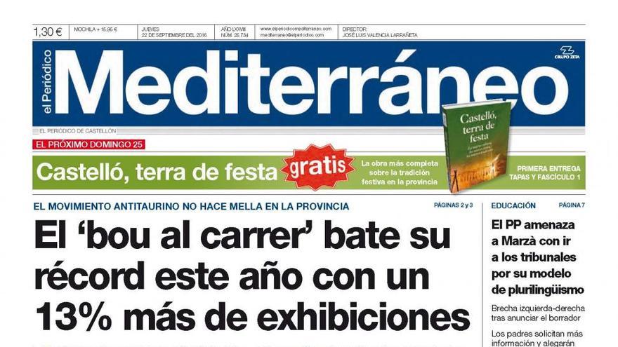 El ‘bou al carrer’ bate su récord este año con un 13% más de exhibiciones, en la portada de Mediterráneo