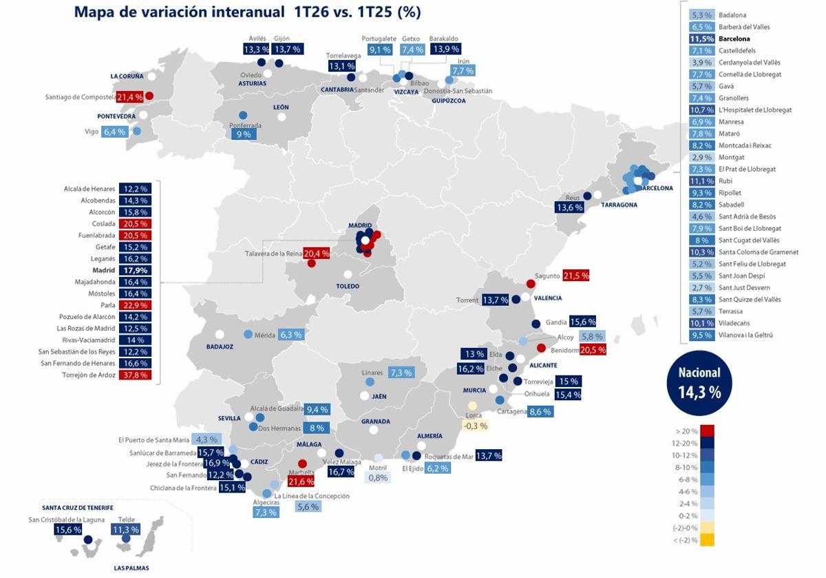 Mapa de la variación interanual facilitado por el informe elaborado por Tinsa, en el que se aprecia la fuerte subida de Santiago de Compostela