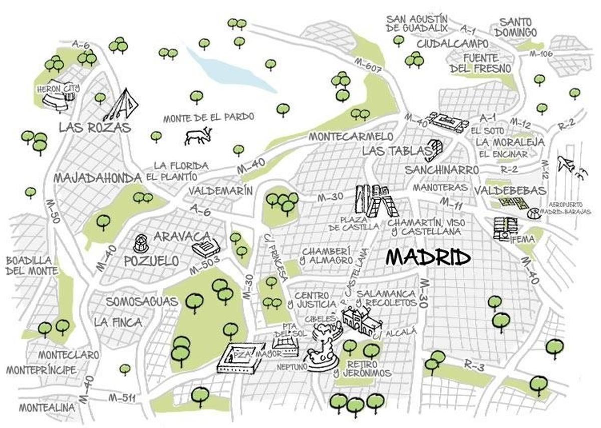 La lista proporciona un espacio emblemático por cada distrito de la ciudad