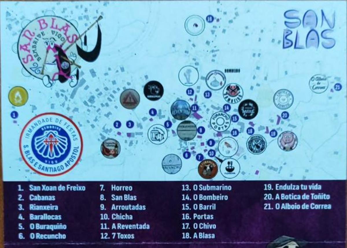 Mapa de los 21 furanchos del San Blas de Bembrive en Vigo 2026.