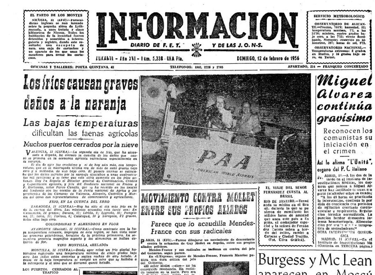 Portada de INFORMACIÓN del 12 de febrero de 1956, que recogía los graves daños causados por el frío extremo y las heladas negras en la provincia de Alicante.