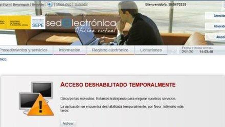 Captura de pantalla de la pàgina web del SEPE, temporalment fora de servei