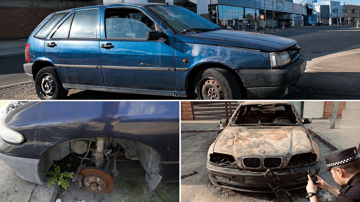 Imágenes de archivo de varios coches abandonados en distintos puntos de la ciudad y, abajo a la derecha, un agente de la Policía Local toma una foto de un vehículo calcinado.