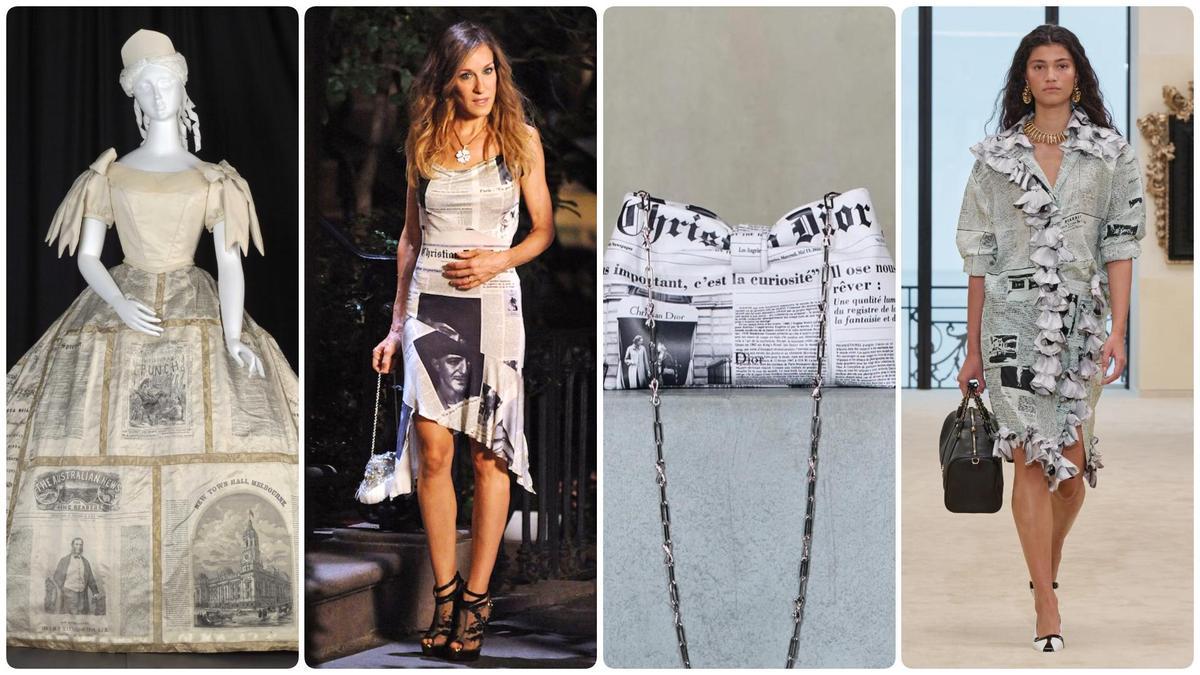 Varios modelos históricos y actuales con el estampado de periódico, del primigenio australiano de 1866, el que lució Sarah Jessica Parker en 'Sexo en Nueva York', a la imagen del bolso de Dior anunciando la colección Crucero de JW Anderson, y uno de los vestidos de la última colección de Matthieu Blazy presentados en Biarritz.