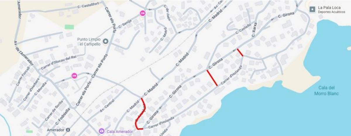 Plano de calles de la zona sur de la Coveta Fumá en el que se resalta en rojo los tramos que solicitan que cambien a doble sentido