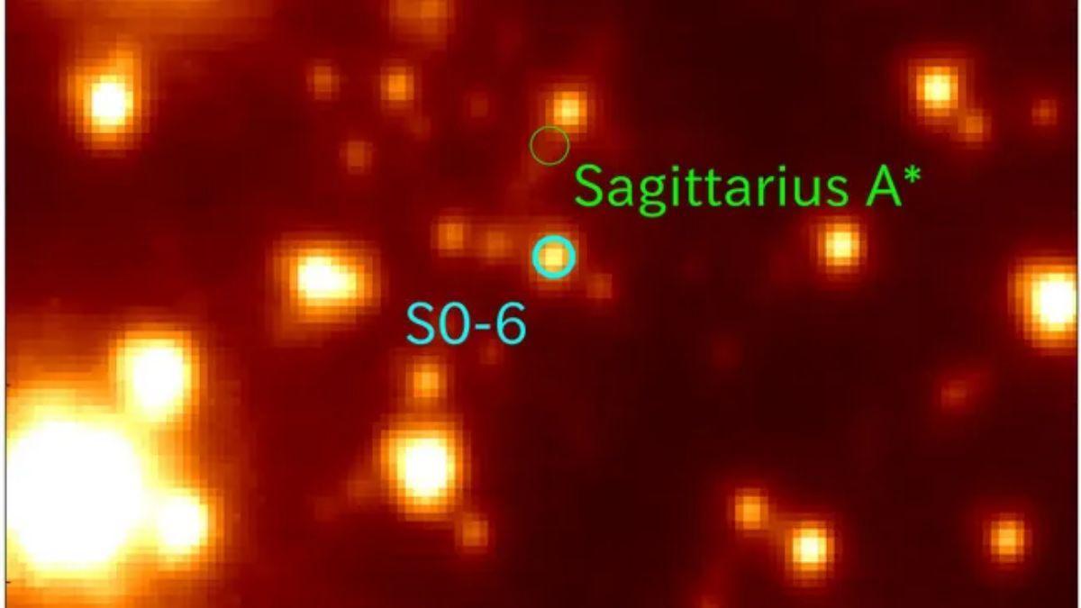 El corazón de la Vía Láctea visto por el Telescopio Subaru, que muestra el agujero negro supermasivo central y la estrella S0–6.