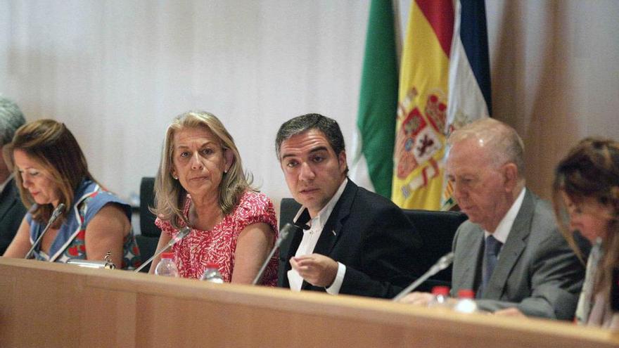 Francisca Caracuel, Elías Bendodo y Fernández Montes, durante la sesión plenaria celebrada ayer en la institución provincial.