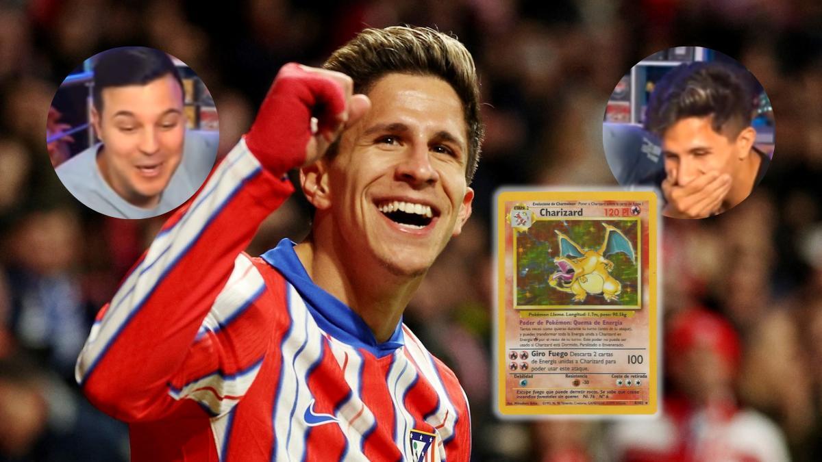 Giuliano Simeone abre un sobre Pokémon con un Charizard carísimo de 1999.