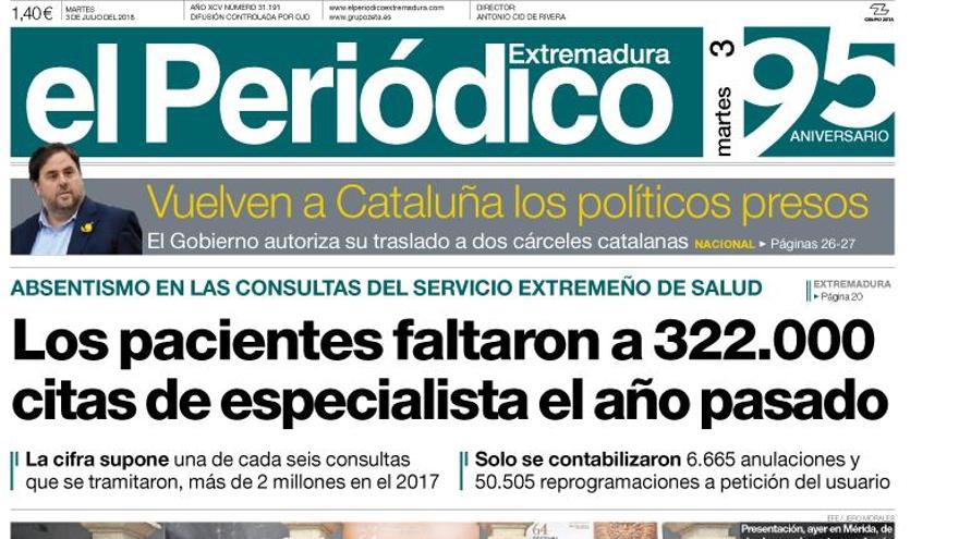 Esta es la portada de EL PERIÓDICO EXTREMADURA correspondiente al día 3 de Julio del 2018