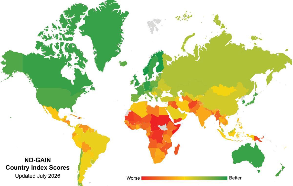 El mapa clasifica a los países según su capacidad relativa para adaptarse al cambio climático: los tonos verdes indican una combinación más favorable de baja vulnerabilidad y mayor preparación, mientras que los amarillos, naranjas y rojos reflejan desafíos crecientes.
