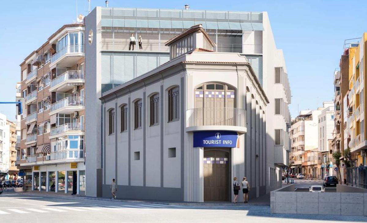 Recreación de la rehabilitación de la Fábrica de Hielo. A la derecha se observa la previsión municipal de salida de vehículos del aparcamiento de Vista Alegre por la calle Orihuela