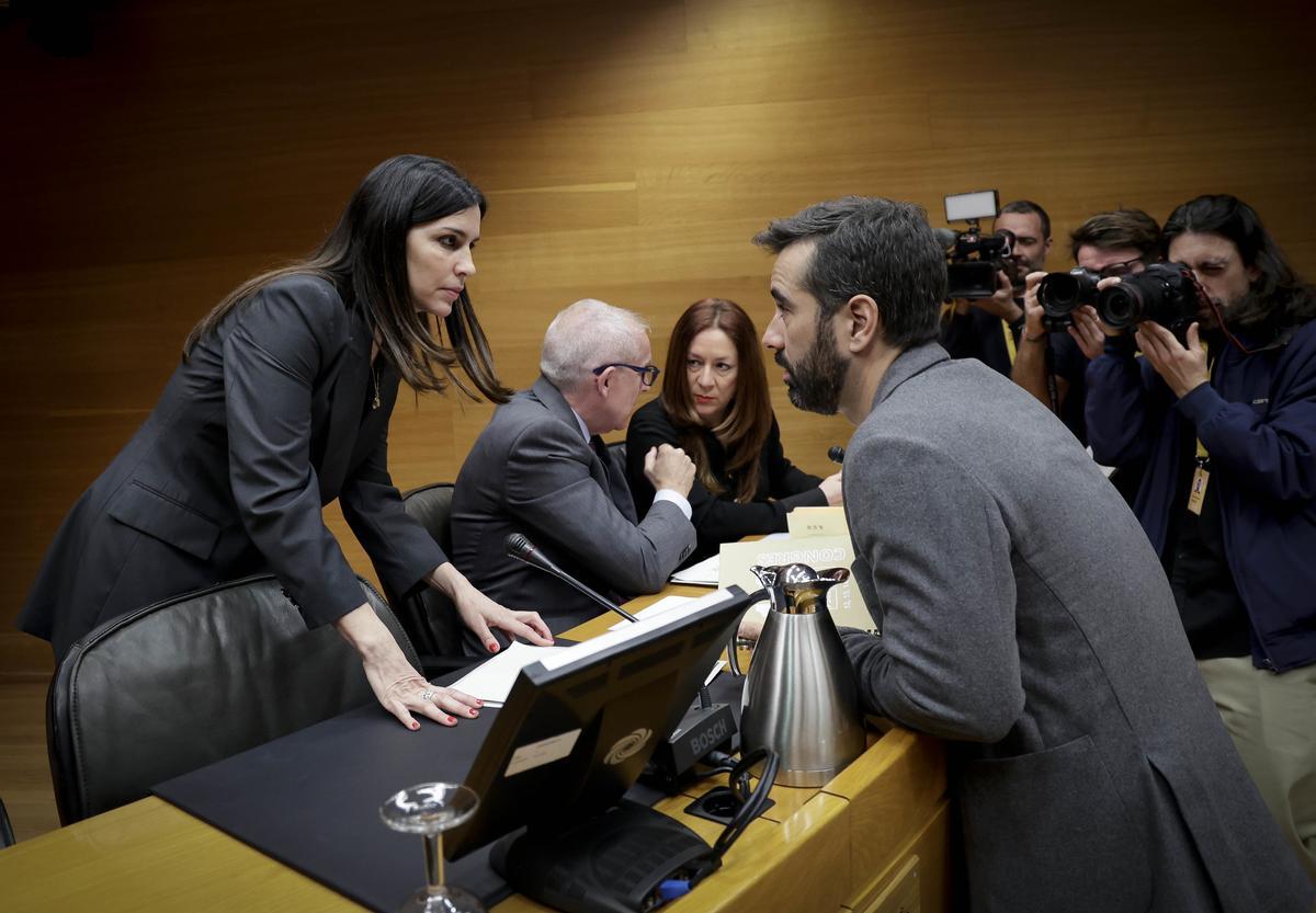 Andújar (al fondo) y el síndic del PSPV, José Muñoz, durante la comisión de investigación por la dana.