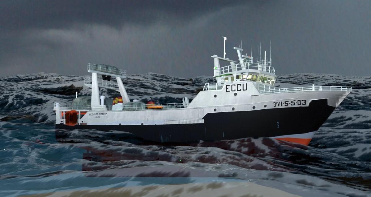 Imagen de la recreación del naufragio del barco pesquero «Villa de Pitanxo»