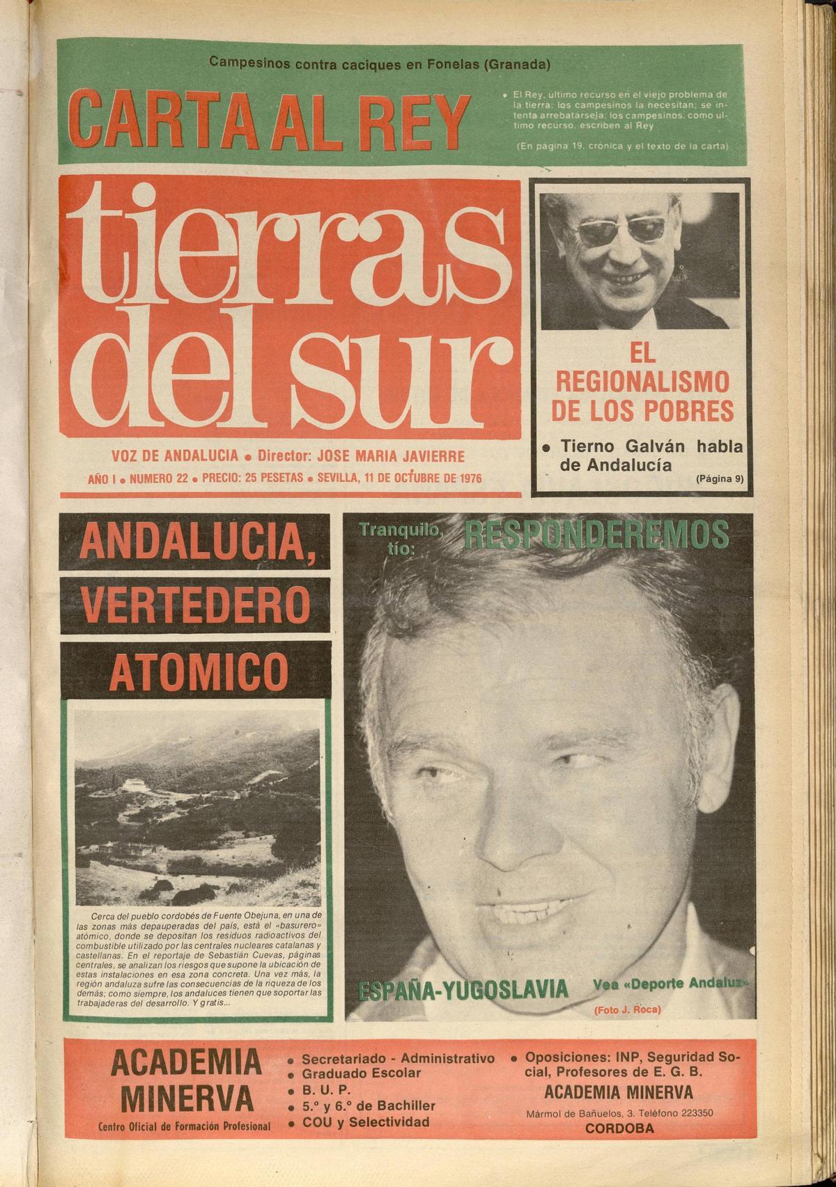 Portada del semanario ‘Tierras del Sur’ del 11 de octubre de 1976.
