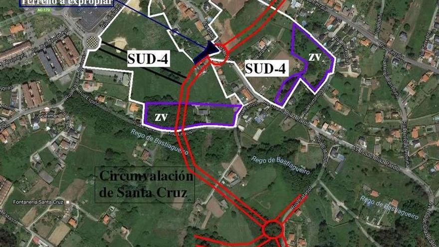 Ámbito del SUD-4 de Coruxo de Arriba, la circunvalación y zonas verdes proyectadas.