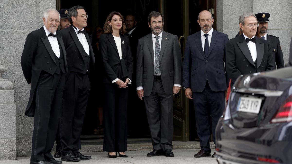 Madrid. 07.09.2023. El presidente del Tribunal Constitucional, Cándido Conde-Pumpido; el Fiscal General del Estado, Álvaro García Ortiz; la ministra de Justicia en funciones, Pilar Llop; el presidente del Consejo General del Poder Judicial, Vicente Guilarte; el presidente del Senado, Pedro Rollán y el presidente del Tribunal Supremo, Francisco Marín, a su salida de la apertura del año judicial 2023/2024. TC. CGPJ. TS