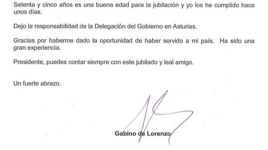 Así es la carta de dimisión que Gabino de Lorenzo envió a Rajoy