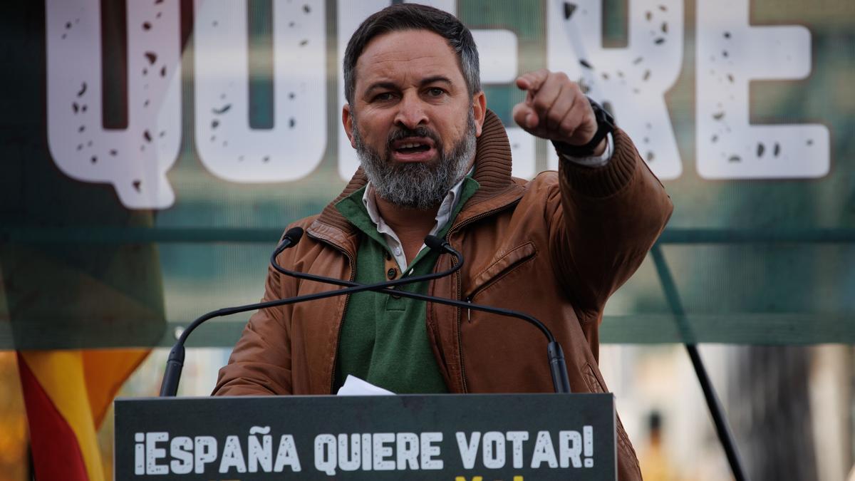 El líder nacional de Vox, Santiago Abascal, durante su intervención en la manifestación de hoy