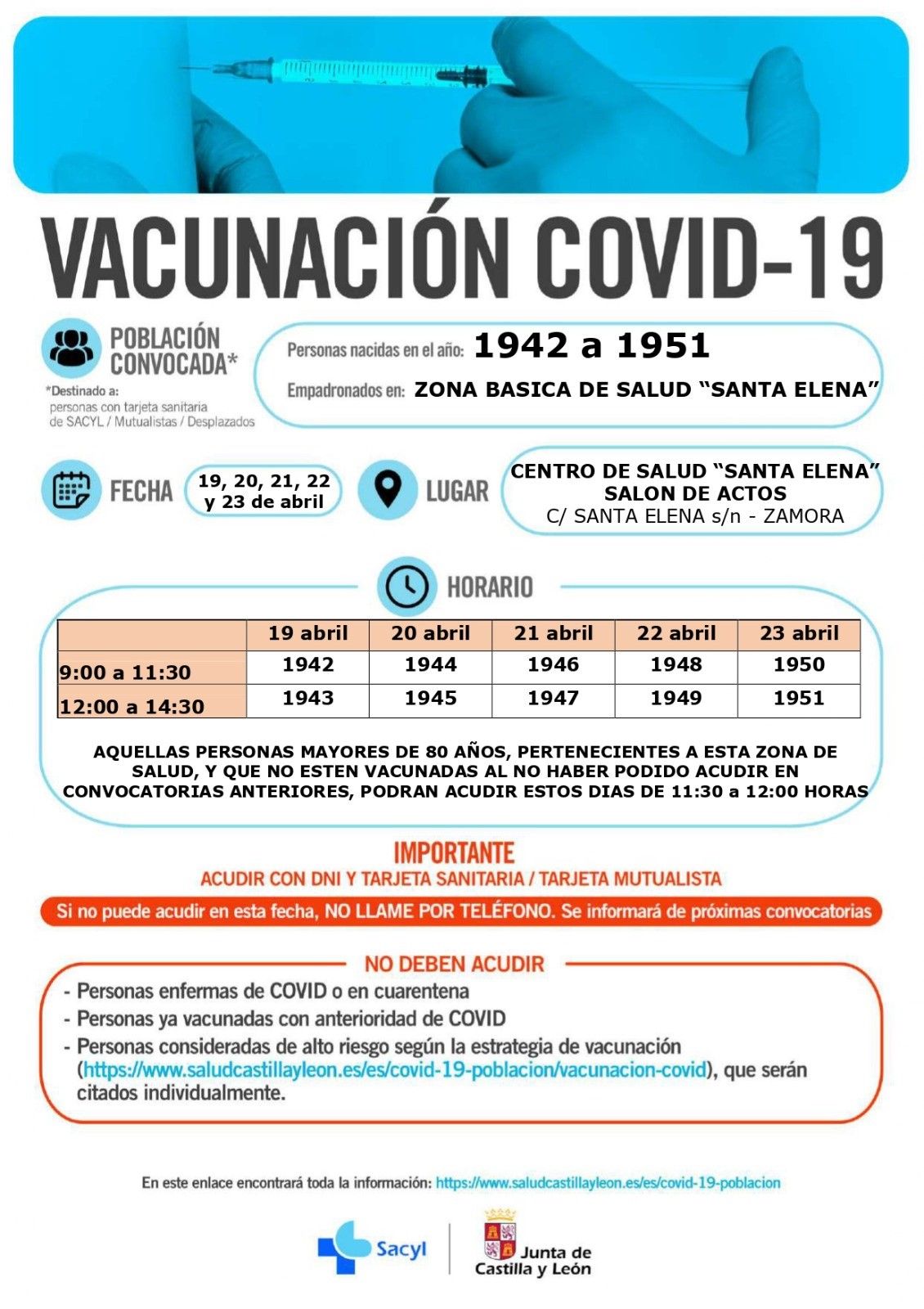 Vacunación de personas de 70 a 79 años programada en el centro de salud Santa Elena