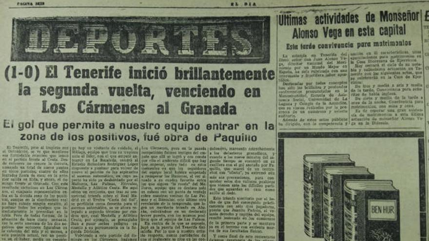 Crónica del partido Granada-Tenerife de 1964 publicada en &#039;El Día&#039;.