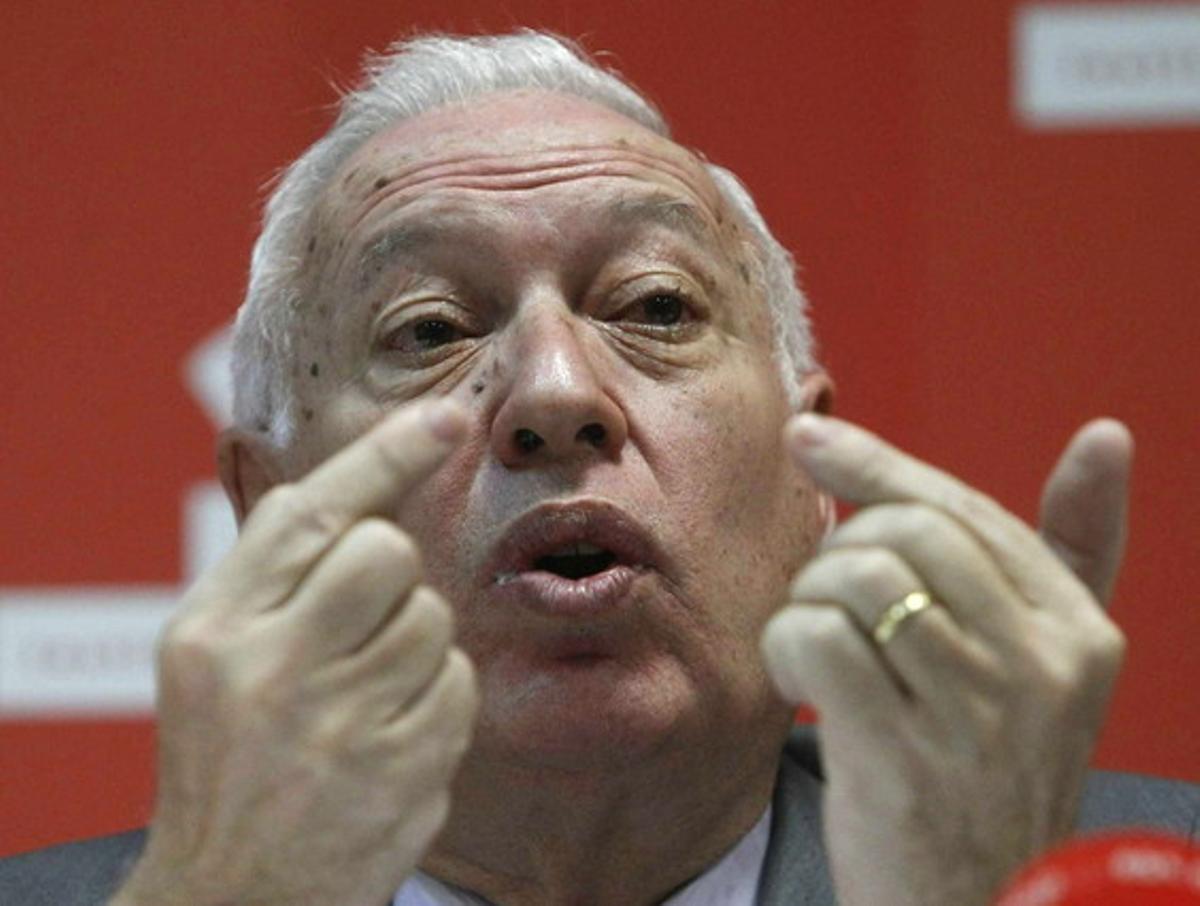 El ministre José Manuel García-Margallo, en declaracions a la premsa a la seu de l’Instituto Cervantes després de la presa de possessió de García de la Concha com a director de l’entitat. aquest dimecres.