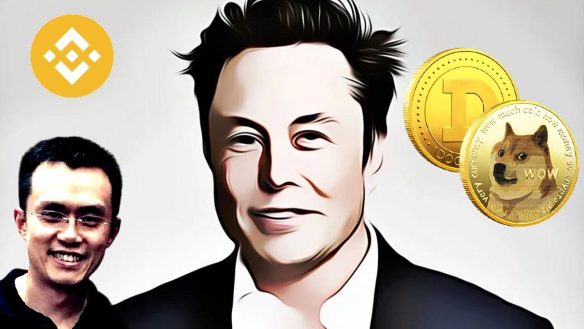 Montaje de CZ y Elon Musk, con los logos de Binance y Dogecoin