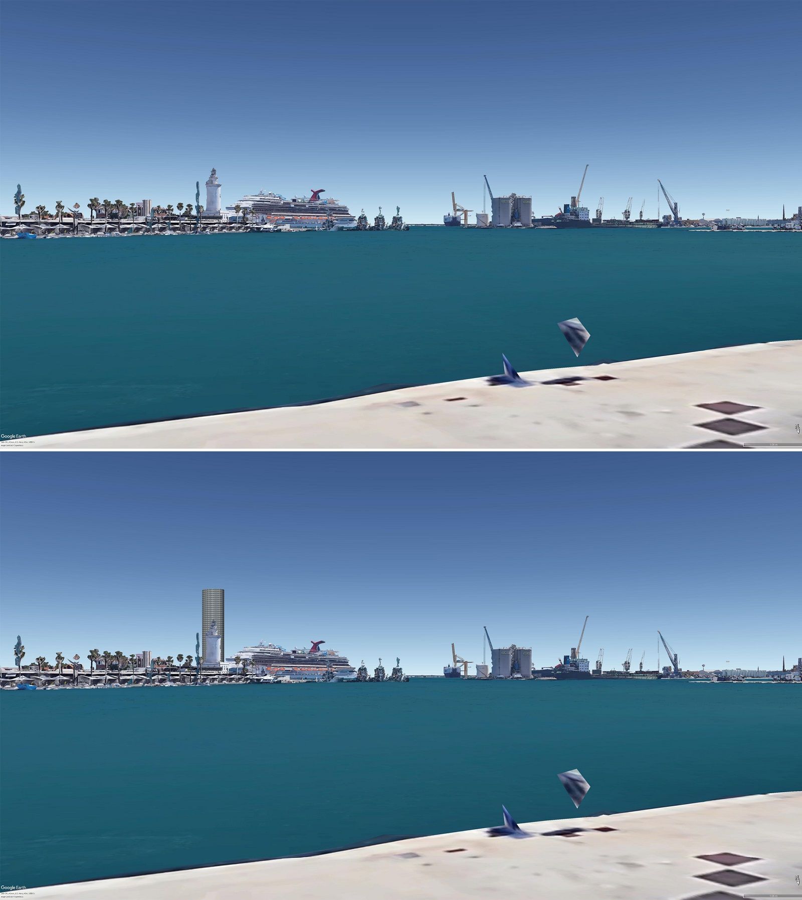 Fondo escénico actual del Puerto de Málaga y simulación con el rascacielos de 150 metros. Modo vista a nivel del suelo.