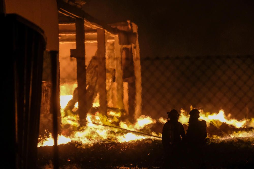 Un espectacular incendio calcina una fábrica de palets en La Marina.