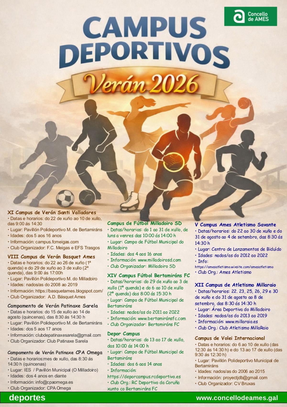 Cartel promocional dos campus deportivos 2026 de Ames.