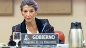 La vicepresidenta segunda del Gobierno y ministra de Trabajo y Seguridad Social, Yolanda Díaz, este jueves en la Comisión de Trabajo, Economía Social, Inclusión, Seguridad Social y Migraciones.