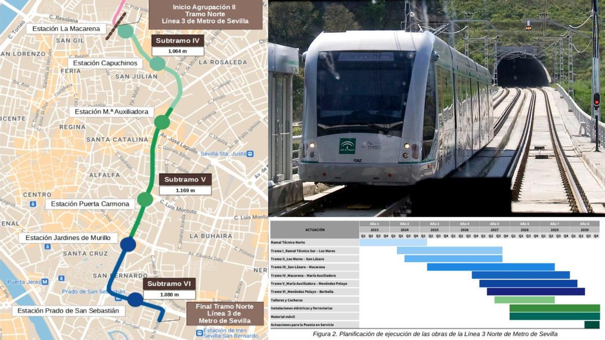 Plano del Metro de Sevilla con el cronograma de obras del tramo norte de la línea 3 hasta 2030