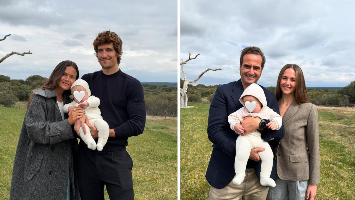 A la izquierda, Bea Gimeno y Nacho Aragón con su hijo Pelayo. Y a la derecha, los padrinos con el pequeño